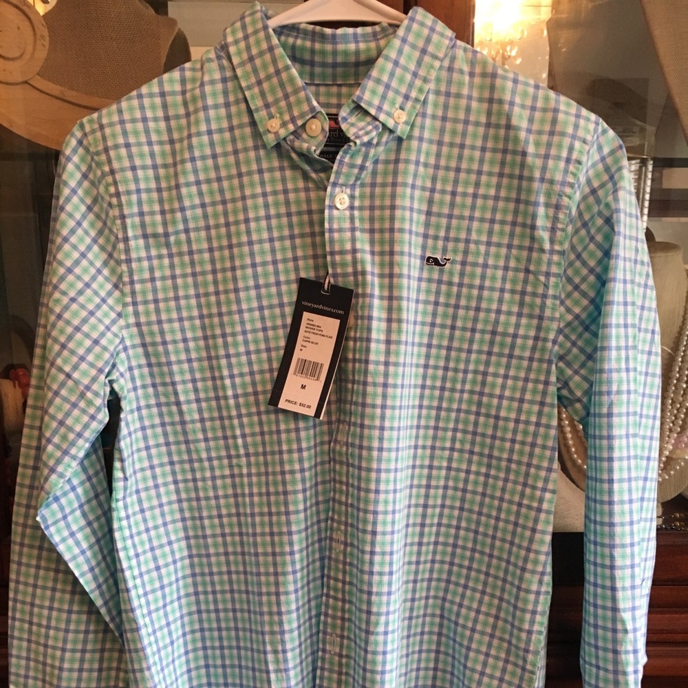 NWOT Sea foam Green and periwinkle blue button down